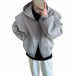black Grey Shoulder Pad Hoodie Men's Fi Casual Cardigan Sweatshirt Men Korean Loose Zipper Hooded Jacket Unisex Trend Coat s68F#