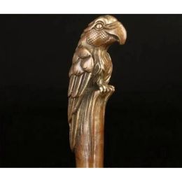 Sculptures bronze Pure Copper Brass Grandpa Good Lucky BRONZE PARROT CANE WALKING STICK HEAD DECORATION CARVING ASIAN COLLECT OLD