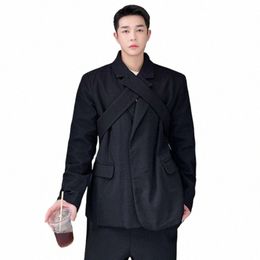 fewq Men's Black Cross Big Size Elegant Blazer New Lapel Lg Sleeve Loose Fit Jacket Fi Tide Spring Autumn 2023 1DF4373 203o#