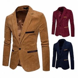new High Quality Men's Leisure Corduroy Blazers Jacket Fi Patchwork Single Butt Casual Slim Suit Jacket for Men Clothing B70g#
