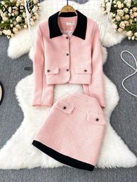 Women's Pants BabYoung Sweet Contrast Color Thick Tweed Coat Two Piece High Waist Slim Wrapped Hip Skirt Y2k Korean Spring Autum