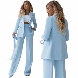 elegant Peak Lapel Double Breasted Pants Set Sky Blue B Casual Formal Office Lady 2 Piece Blazer with Full Length Pants m5HM#