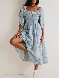 Casual Dresses Women Summer Hobo Floral Beach Dress Sexy Square Neck 3 4 Long Sleeve Flowy Maxi Cocktail Club Sundress