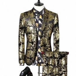 2 Pieces Sets Blazers Jacket Pants Suits / 2023 Fi New Men's Boutique Gold Pattern Busin Coat Trousers z0jl#