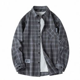 men Shirt Plaid Flannel Loose Street Lg Sleeve Casual Shirt Black Oversized Busin Male Soft Dr Shirt Spring Autumn F8N0#