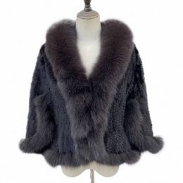 new Fi Knitted Real Mink Fur Shawl Coat Winter Lady Warm 100%Natural Genuine Mink Fur Scarf Cape With Big Fox Fur Collar y2k3#