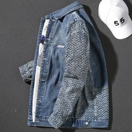 Mens Jeans Jacket Splicing Geometric Patterns Denim Jackets Autumn Fashion Japanese Loose Square Collar Casual Jacket 240319