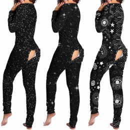 women Black Jumpsuit With Butt Flap For Adults Sexy Sleepwear Romper Open Butt Pajamas Pyjama Lg Bodysuit Loungewear Onesies D9OI#