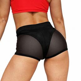 women Sexy High Waist Workout Fitn Shorts Female Dance Shorts See-through Mesh Patchwork Mature Pole Dancing Clubwear Panties E9Jq#