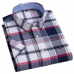 summer 100% Cott Oxford Shirt Mens Short Sleeve Pocket Soft Comfortable Regular Fit Busin Casual Purple Dr Shirts Men M65i#