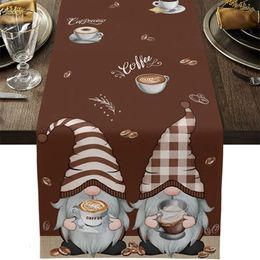 Brown Table Runner Dresser Scarf Cute Gnome Coffee Bean Linen for Kitchen Dining Room Decoration 240325