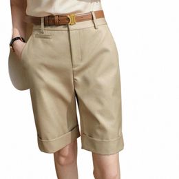 women's Summer Shorts High Waist Knee Length Straight Pants with Belt Office Khaki White Black Casual Short Pants Women Fi C9yT#