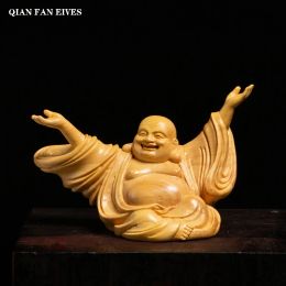 Sculptures Wood carving Lovely Happy Maitreya Buddha decorative figures Small Statue Home Room, Office wealth Ornaments Free delivery