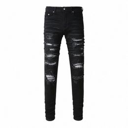 high Street Fi Men Jeans Retro Black Gray Stretch Skinny Fit Ripped Jeans Men Patched Designer Hip Hop Brand Pants Hombre p5Ej#