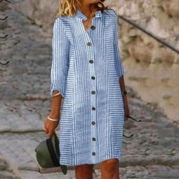 Casual Dresses Ladies Striped Dress Women Turn-Down Collar Midi Sleeve Knee-Length Summer Button Female Holiday Vacation