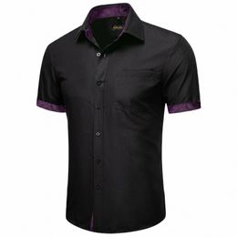 2023 New Black Purple Solid Cott Breathable Men Short Sleeve Summer Shirts Busin Regular Fit Blouse Tops Hawaiian Shirt e3pS#