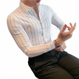 camisas De Hombre High Quality Men's Social Shirts Luxury Korean Clothing Slim Fit Lg Sleeve Formal Striped Shirts For Men Hot l3FY#