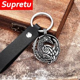 Keychains Men Viking Rune Hollow Out Crow Keychain Punk Odin Raven Feather Animal Pendant Stainless Steel Amulet Scandinavian Jewellery Gift