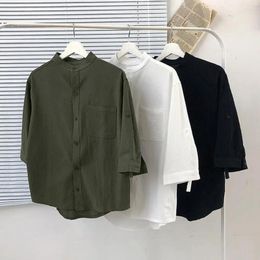 Men's Casual Shirts Men Linen Shirt Comfortable For Stand Collar 3/4 Sleeve Solid Color Loose Fit Single Summer
