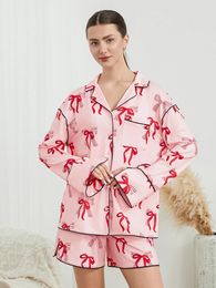 Home Clothing Women S Pajama Set Lapel Neck Long Sleeve Button Down Print Tops Elastic Waist Shorts Bow 2 Piece Lounge Outfits