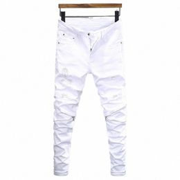 street Fi Men Jeans White Elastic Stretch Skinny Ripped Jeans Men Skull Designer Zipper Patched Hip Hop Punk Pants Hombre K65k#