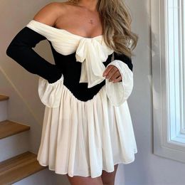 Casual Dresses Chic Sexy Strapless Bowknot Pleat Party Dress Women Spring Patchwork Off Shoulder Mini Fall Long Sleeve Backless Hem