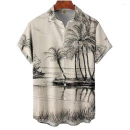 Men's Casual Shirts Vintage Hawaiian Shirt Slim Light Coconut Tree Print Short Sleeve Top Camisas Fashion Beach Travel Blouses