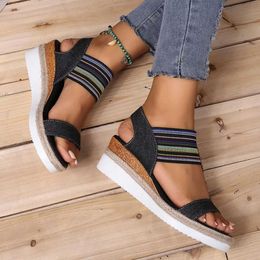 Sandals Wedge 2023 Fashion Womens Casual Denim Open Lacing Elastic Platform Sliding on Daily Shoes H240328GIYH