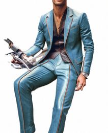 men Suit Slim Fit Blazer & Pants 2Pcs Set Ctrast Trim Notch Lapel PU Leather Jacket Male Busin Casual Prom Suit Moto style u7En#