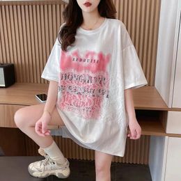 Women's T Shirts Pure Cotton 2024 Summer Lace Splicing Short-Sleeved T-Shirt Loose And Slim Mid-Length Half-Sleeved Top Trendy
