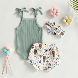 Clothing Sets Baby Girl Pants Suit Casual Party Sleeveless Knitting Romper Shirt Bull Animal Print Shorts Headband