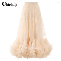 Skirts Chiclady Runway Designer Vintage Maxi Skirt Mesh Ruffles Party Night High Waist Elastic Patchwork Ruched Hit Colour Long