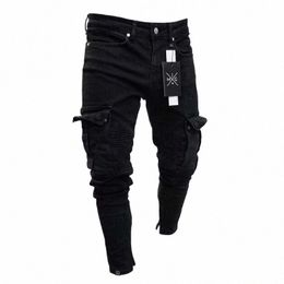 men Biker Ripped Lg Denim Trousers Skinny stretch Jeans Multi Pocket Cargo Pants Destroyed Stretchy-Black pencil Pants E5T0#