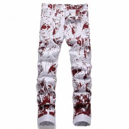 men Digital Print Jeans Fi Y2K Cott Denim Pants Colored Slim Trousers Red Green Blue J9R6#