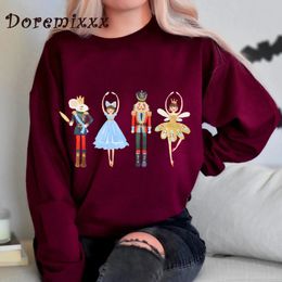 Women Loose O-Neck Nutcracker Sweatshirt Cotton Long Sleeve Casual Female Simple Pullovers Sugar Plum Fairy Hoodies Christmas 240308