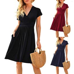 Casual Dresses 2024 Summer For Women V Neck Dress Solid Printed Short Sleeve A-line Loose With Pocket