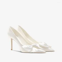 Dress Shoes French White Satin High Heels Wedding Bridal Bow Single Women