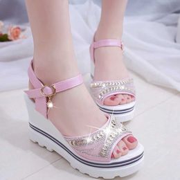 Sandals Womens Elegant Wedge Platform Buckle High Heels Dress Party Roman Crystal Decoration Peering Toe H240328H61B