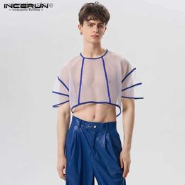 Men's T-Shirts Tops 2023 American style mens fashion See through patchwork T-shirt sexy mens bubble sleeve short sleeved Camiseta S-5XL24328