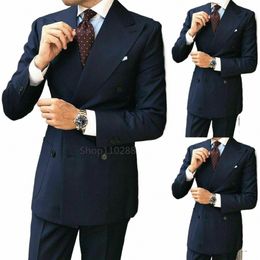 double-breasted Navy Peak Lapel Blazer Groom Suits Men Suit Slim Fit Busin Suits Tuxedo For Men Costume Homme 2 Pieces L0C9#