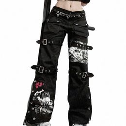 e-girl Gothic Black Cargo Pants Capri Women Low Waist Jeans Lg Trousers Y2K Grunge Vintage Hip Hop Punk Harajuku Streetwear E5o4#