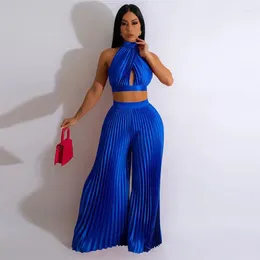 Women's Two Piece Pants Langmao Wide Leg Pant 2 Outfit Women Pleated Sleeveless Hollow Out Top Loose Fit Palazzo Suit Set--------