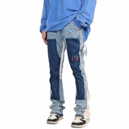 distred Spl Ink Flare Jeans Urban Streetwear Patch Mens Graffiti Wide Jean Hip Hop Wed Blue Slim Fit Denim Pants Men X5Yq#