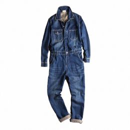 spring And Autumn Men's Denim Jumpsuits Lg Sleeve Lapel Overalls Blue Jeans Hip Hop Cargo Pants Fi Freight Trousers D6Zl#
