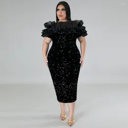 Casual Dresses Black Sequin Party Dress Ruffles Mesh Splicing Cub Slash Neck Short Sleeves Plus Size Women Real Picture