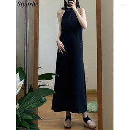 Casual Dresses Halter Black Dress For Women Lace Up Sleeveless Vintages Bodycon Solid A Line Elegant Fashion Summer Long