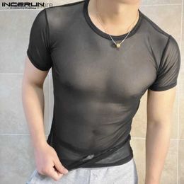 Men's T-Shirts 2024 Men T Shirts Mesh Transparent O-neck Short Sleeve Streetwear Men Clothing Solid Color Sexy Fashion Camisetas S-3XL24328