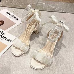 Sandals Beige High Heel Med Comfort Womens Shoes 2022 Summer Full Match Black Retro Pearl Fashion Transparent Girls New Grade Str H240328M5WA