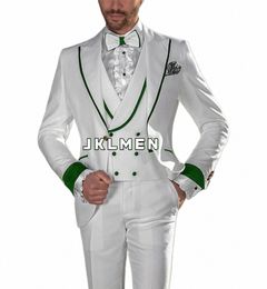 white Double Breasted Wedding Tuxedo for Men 3 Piece Suit with Waistcoat Pants Peak Lapel Blazer Custom Made Formal C4PC#