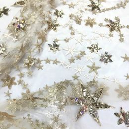 Fabric 3/5/10yard Soft Yellow Sequins Star Embroidered Lace Fabric Glitter Tulle Mesh Net For Sewing Dress Gown By the Yard 130cm Wide